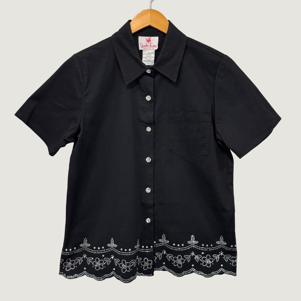 Quacker Factory Top Womens Medium Black Rhinestone Scalloped Hem Button Up Shirt